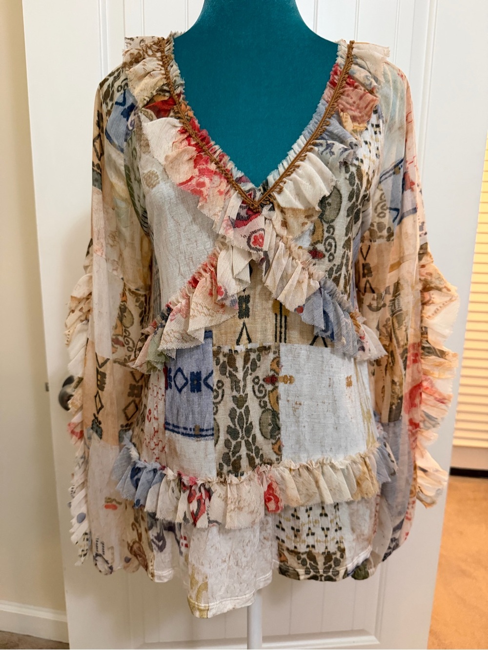 Anthropologie Tiny Bohemian Patchwork Ruffle Stretch Tunic Sz Medium